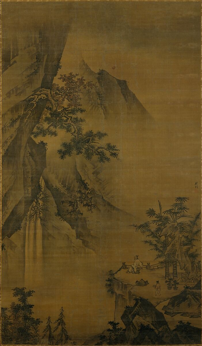 Li Bai gazing at the waterfall on Mount Lu, Zhong Li (Chinese, active ca. 1480–1500), Hanging scroll; ink and color on silk, China 