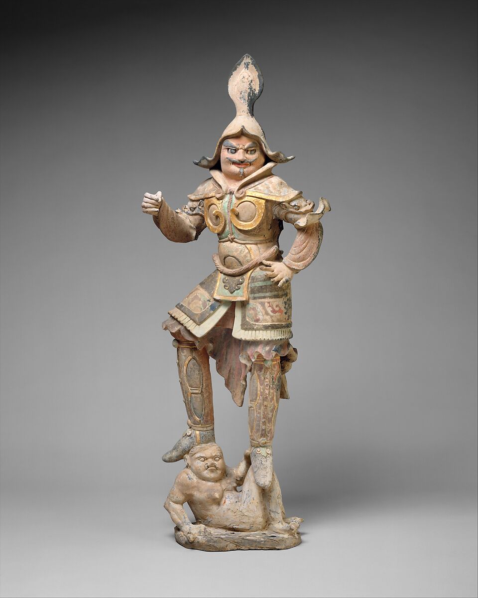 Tomb guardian, Earthenware with pigment and gilding, China 