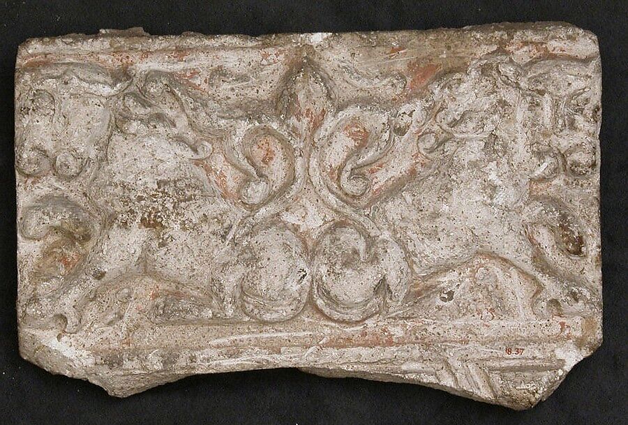Fragment of a Frieze with Addorsed Lions, Gypsum plaster; molded, traces of painting 