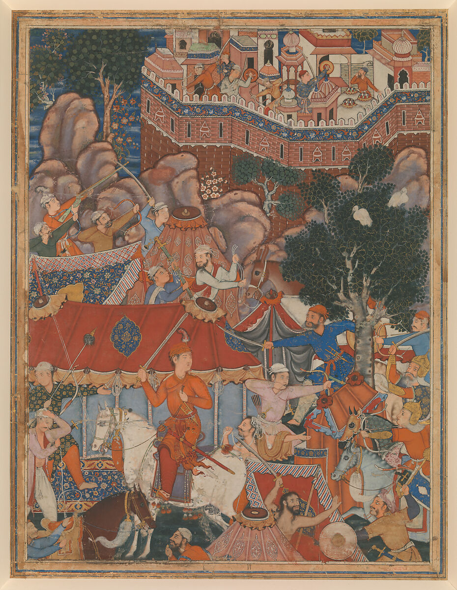 "Assad Ibn Kariba Launches a Night Attack on the Camp of Malik Iraj", Folio from a Hamzanama (The Adventures of Hamza), Attributed to Basavana, Ink, opaque watercolor, and gold on cloth; mounted on paper