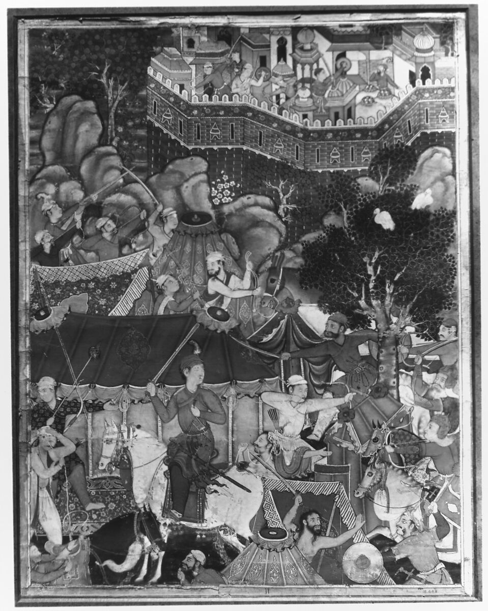 "Assad Ibn Kariba Launches a Night Attack on the Camp of Malik Iraj", Folio from a Hamzanama (The Adventures of Hamza), Attributed to Basavana, Ink, opaque watercolor, and gold on cloth; mounted on paper