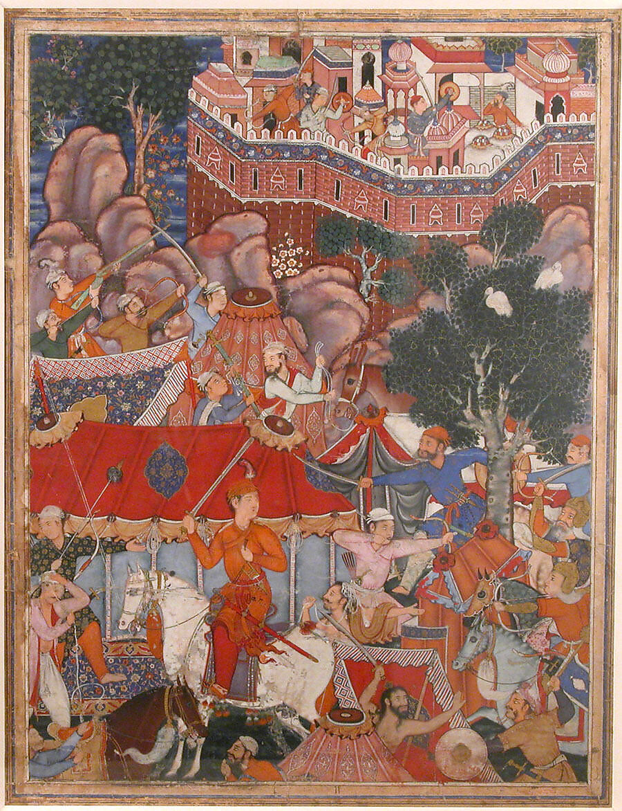 "Assad Ibn Kariba Launches a Night Attack on the Camp of Malik Iraj", Folio from a Hamzanama (The Adventures of Hamza), Basavana, Ink, opaque watercolor, and gold on cloth; mounted on paper