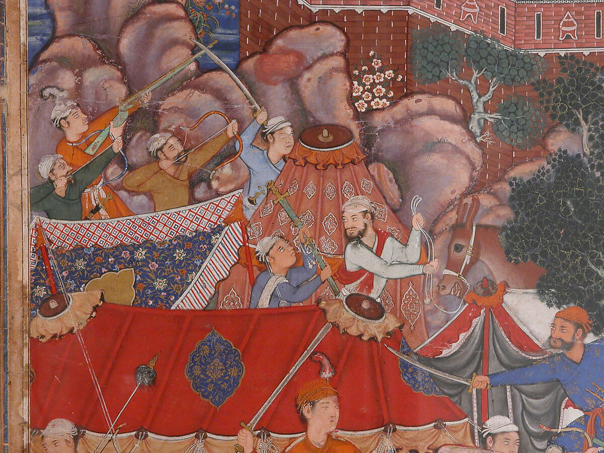 "Assad Ibn Kariba Launches a Night Attack on the Camp of Malik Iraj", Folio from a Hamzanama (The Adventures of Hamza), Attributed to Basavana, Ink, opaque watercolor, and gold on cloth; mounted on paper