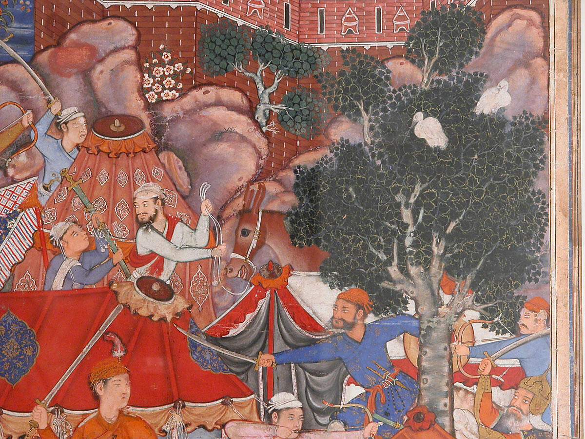 "Assad Ibn Kariba Launches a Night Attack on the Camp of Malik Iraj", Folio from a Hamzanama (The Adventures of Hamza), Attributed to Basavana, Ink, opaque watercolor, and gold on cloth; mounted on paper