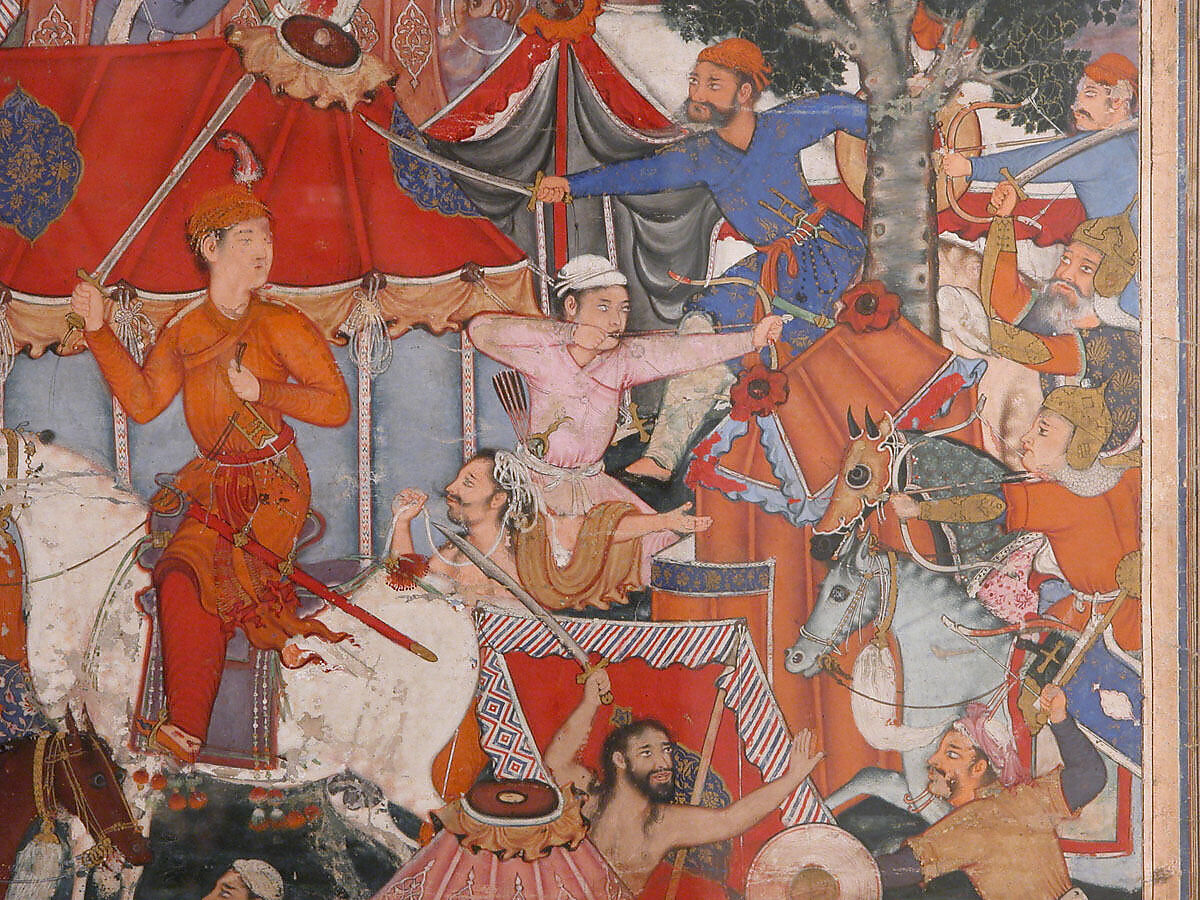 "Assad Ibn Kariba Launches a Night Attack on the Camp of Malik Iraj", Folio from a Hamzanama (The Adventures of Hamza), Attributed to Basavana, Ink, opaque watercolor, and gold on cloth; mounted on paper