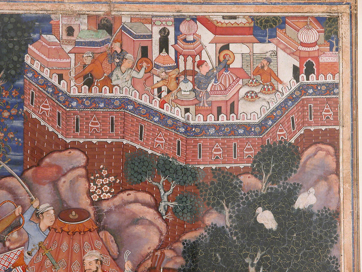 "Assad Ibn Kariba Launches a Night Attack on the Camp of Malik Iraj", Folio from a Hamzanama (The Adventures of Hamza), Attributed to Basavana, Ink, opaque watercolor, and gold on cloth; mounted on paper