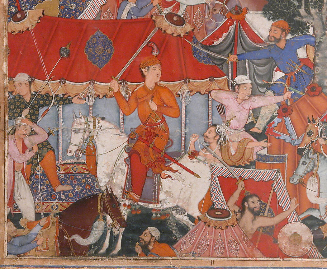 "Assad Ibn Kariba Launches a Night Attack on the Camp of Malik Iraj", Folio from a Hamzanama (The Adventures of Hamza), Attributed to Basavana, Ink, opaque watercolor, and gold on cloth; mounted on paper
