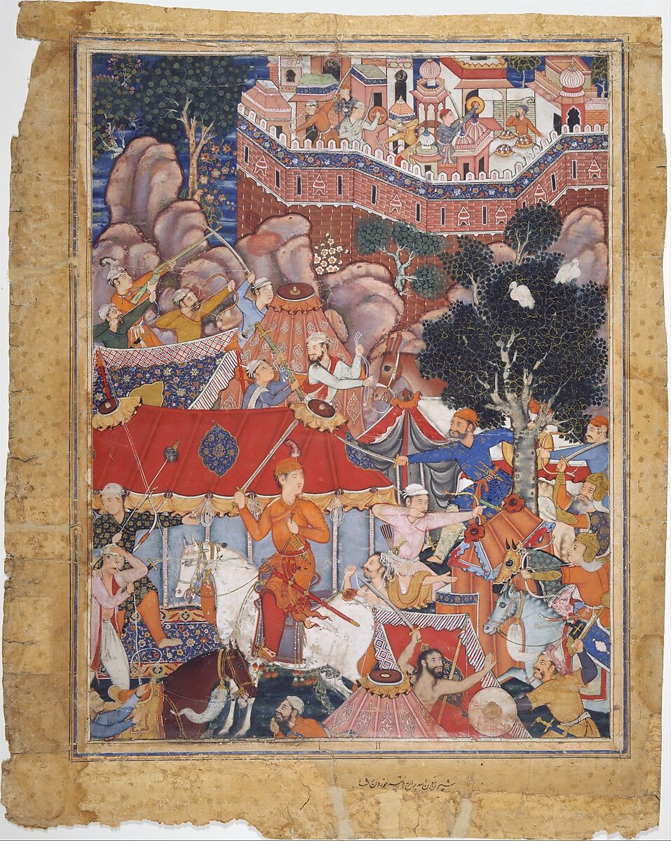 "Assad Ibn Kariba Launches a Night Attack on the Camp of Malik Iraj", Folio from a Hamzanama (The Adventures of Hamza), Attributed to Basavana, Ink, opaque watercolor, and gold on cloth; mounted on paper