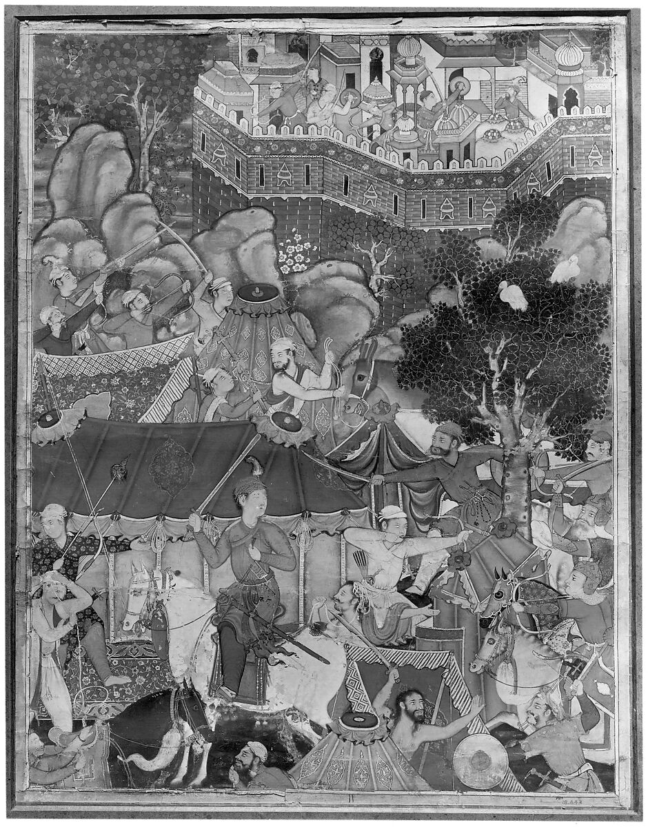 "Assad Ibn Kariba Launches a Night Attack on the Camp of Malik Iraj", Folio from a Hamzanama (The Adventures of Hamza), Attributed to Basavana, Ink, opaque watercolor, and gold on cloth; mounted on paper