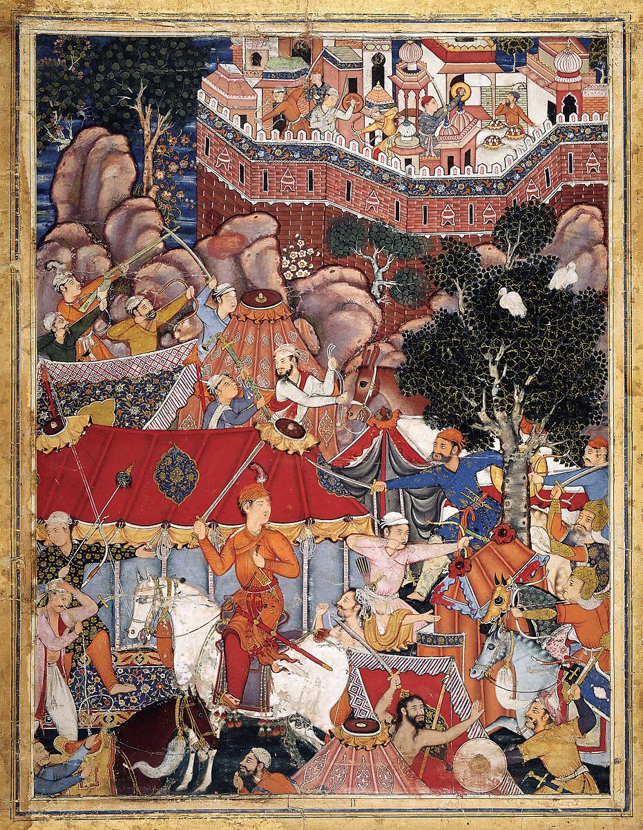 "Assad Ibn Kariba Launches a Night Attack on the Camp of Malik Iraj", Folio from a Hamzanama (The Adventures of Hamza), Attributed to Basavana, Ink, opaque watercolor, and gold on cloth; mounted on paper