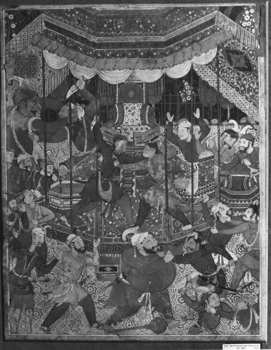 "Hamza's Heroes Fight in Support of Qasim and Badi'uzzaman", Folio from a Hamzanama (The Adventures of Hamza), Attributed to Shravana, Ink, opaque watercolor, and gold on cloth; mounted on paper