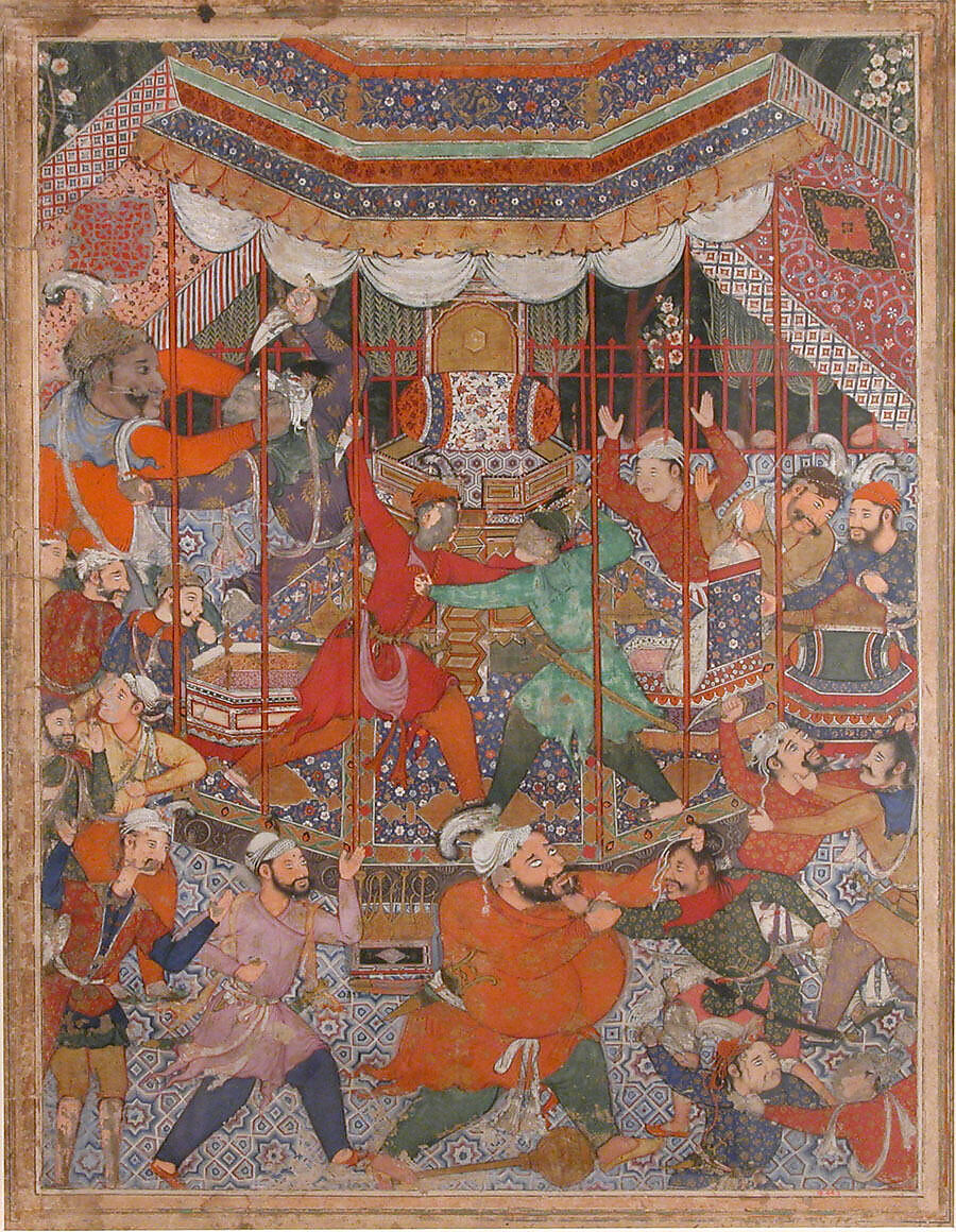 "Hamza's Heroes Fight in Support of Qasim and Badi'uzzaman", Folio from a Hamzanama (The Adventures of Hamza), Shravana, Ink, opaque watercolor, and gold on cloth; mounted on paper
