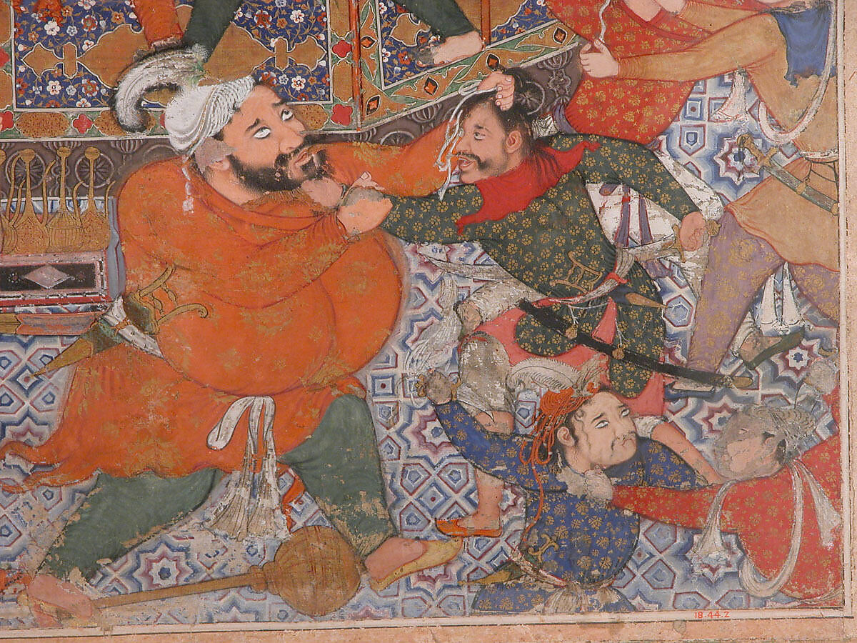 "Hamza's Heroes Fight in Support of Qasim and Badi'uzzaman", Folio from a Hamzanama (The Adventures of Hamza), Attributed to Shravana, Ink, opaque watercolor, and gold on cloth; mounted on paper