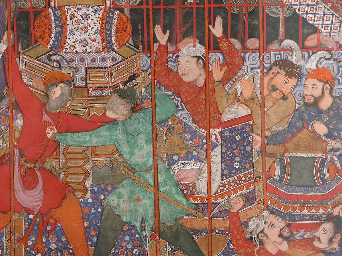 "Hamza's Heroes Fight in Support of Qasim and Badi'uzzaman", Folio from a Hamzanama (The Adventures of Hamza), Attributed to Shravana, Ink, opaque watercolor, and gold on cloth; mounted on paper