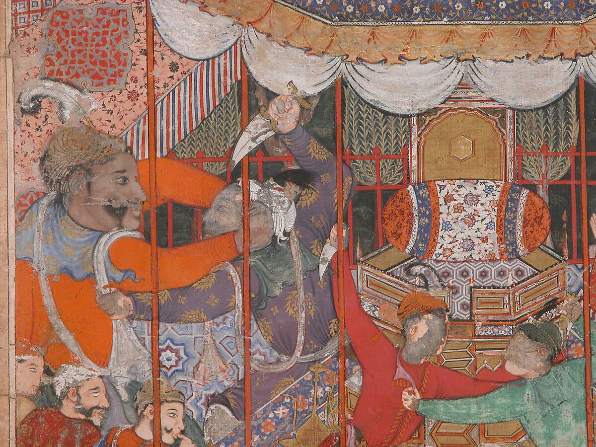 "Hamza's Heroes Fight in Support of Qasim and Badi'uzzaman", Folio from a Hamzanama (The Adventures of Hamza), Attributed to Shravana, Ink, opaque watercolor, and gold on cloth; mounted on paper
