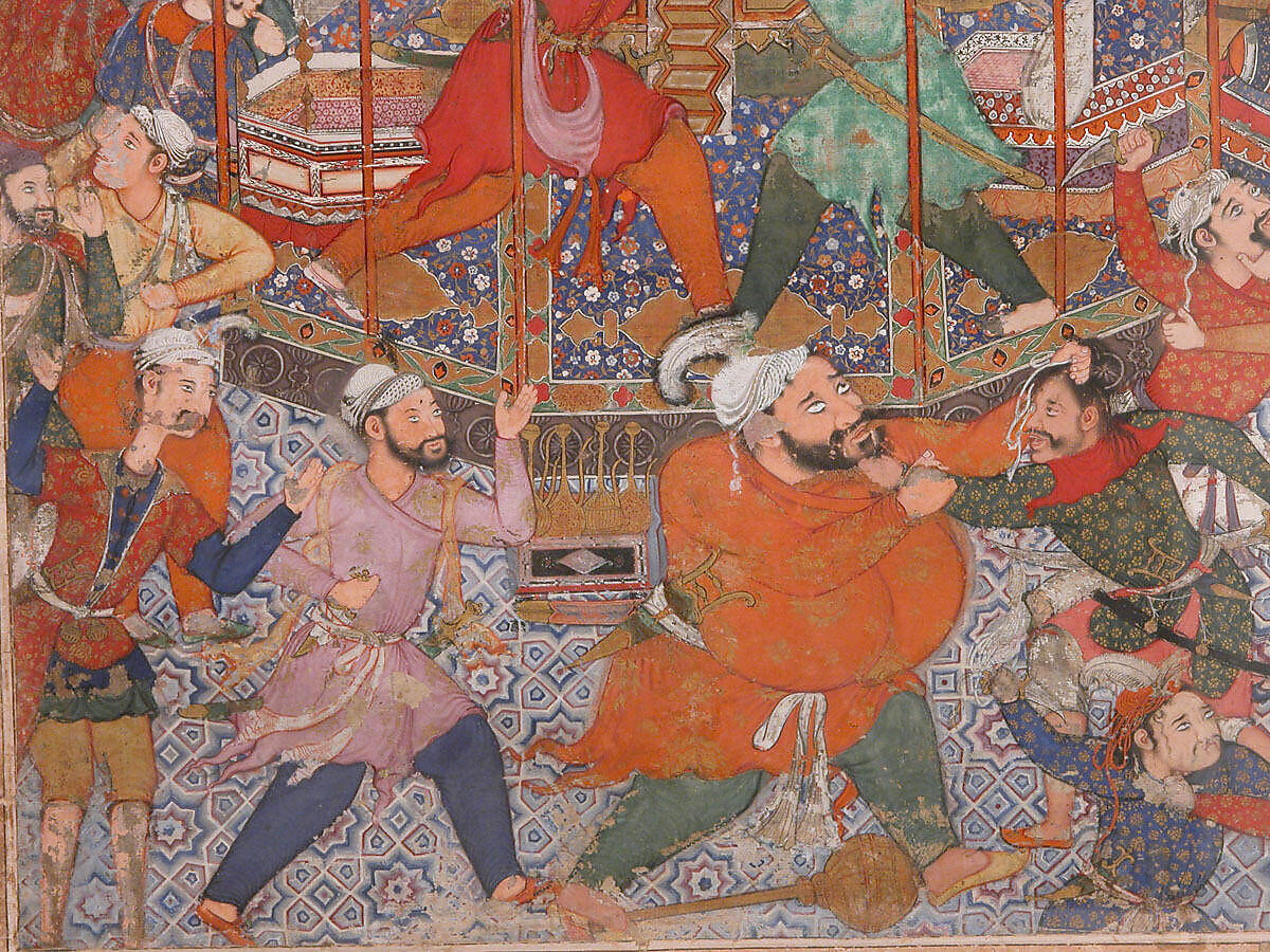 "Hamza's Heroes Fight in Support of Qasim and Badi'uzzaman", Folio from a Hamzanama (The Adventures of Hamza), Attributed to Shravana, Ink, opaque watercolor, and gold on cloth; mounted on paper
