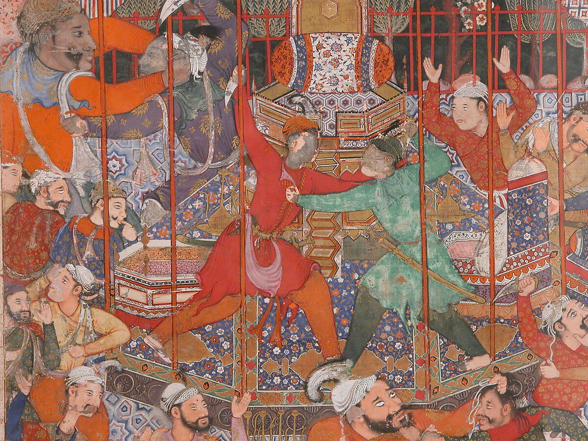 "Hamza's Heroes Fight in Support of Qasim and Badi'uzzaman", Folio from a Hamzanama (The Adventures of Hamza), Attributed to Shravana, Ink, opaque watercolor, and gold on cloth; mounted on paper