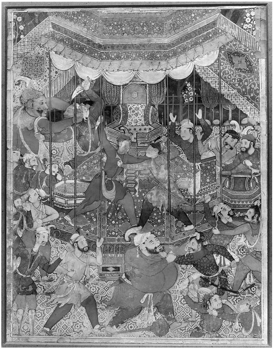 "Hamza's Heroes Fight in Support of Qasim and Badi'uzzaman", Folio from a Hamzanama (The Adventures of Hamza), Attributed to Shravana, Ink, opaque watercolor, and gold on cloth; mounted on paper