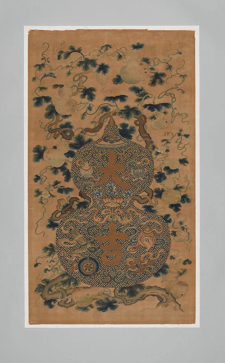 Panel with gourds on vines, Silk, wool, and metal thread tapestry (kesi), China 