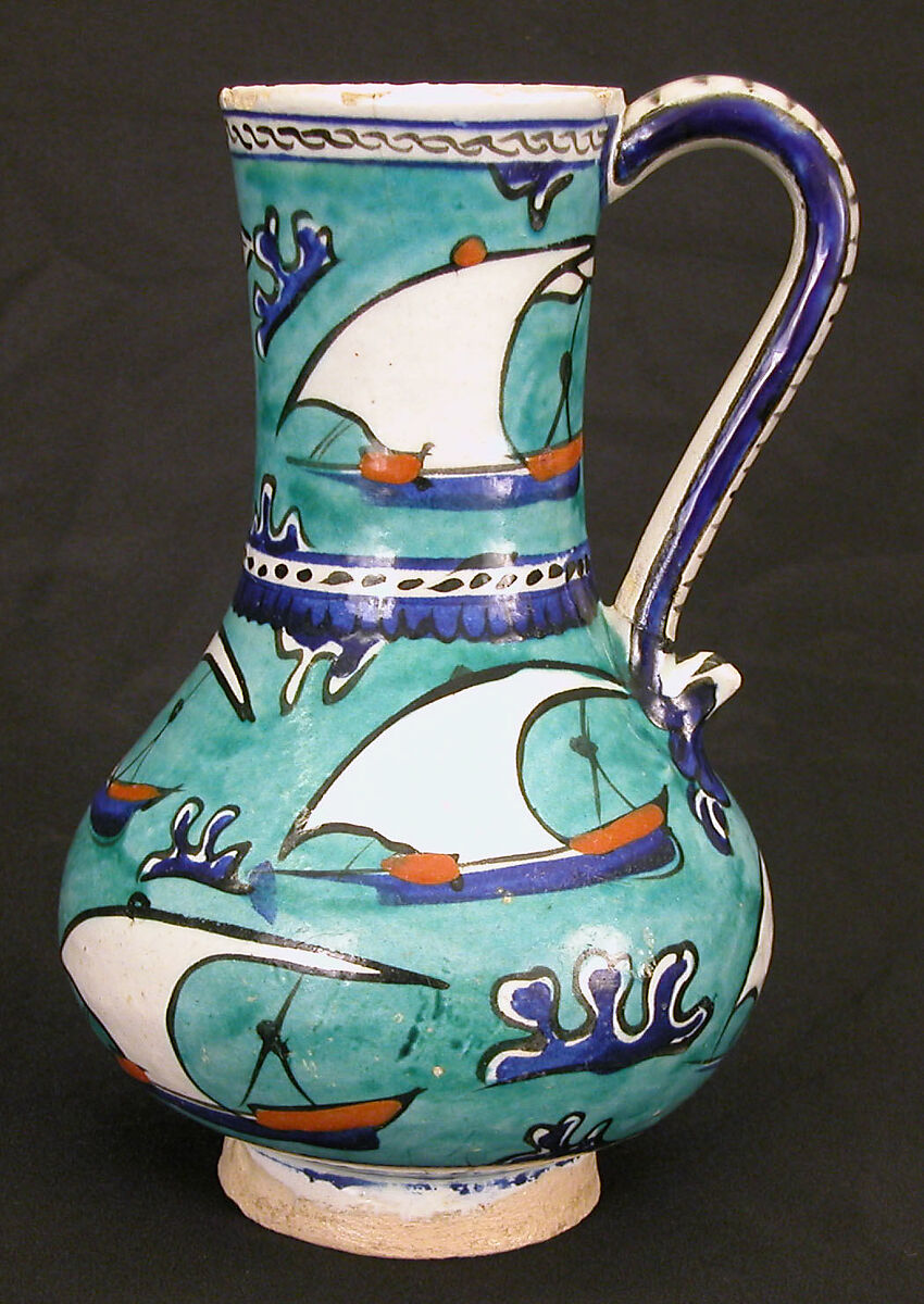 Ewer with Sailing-Ship Design, Stonepaste; polychrome painted under transparent glaze 