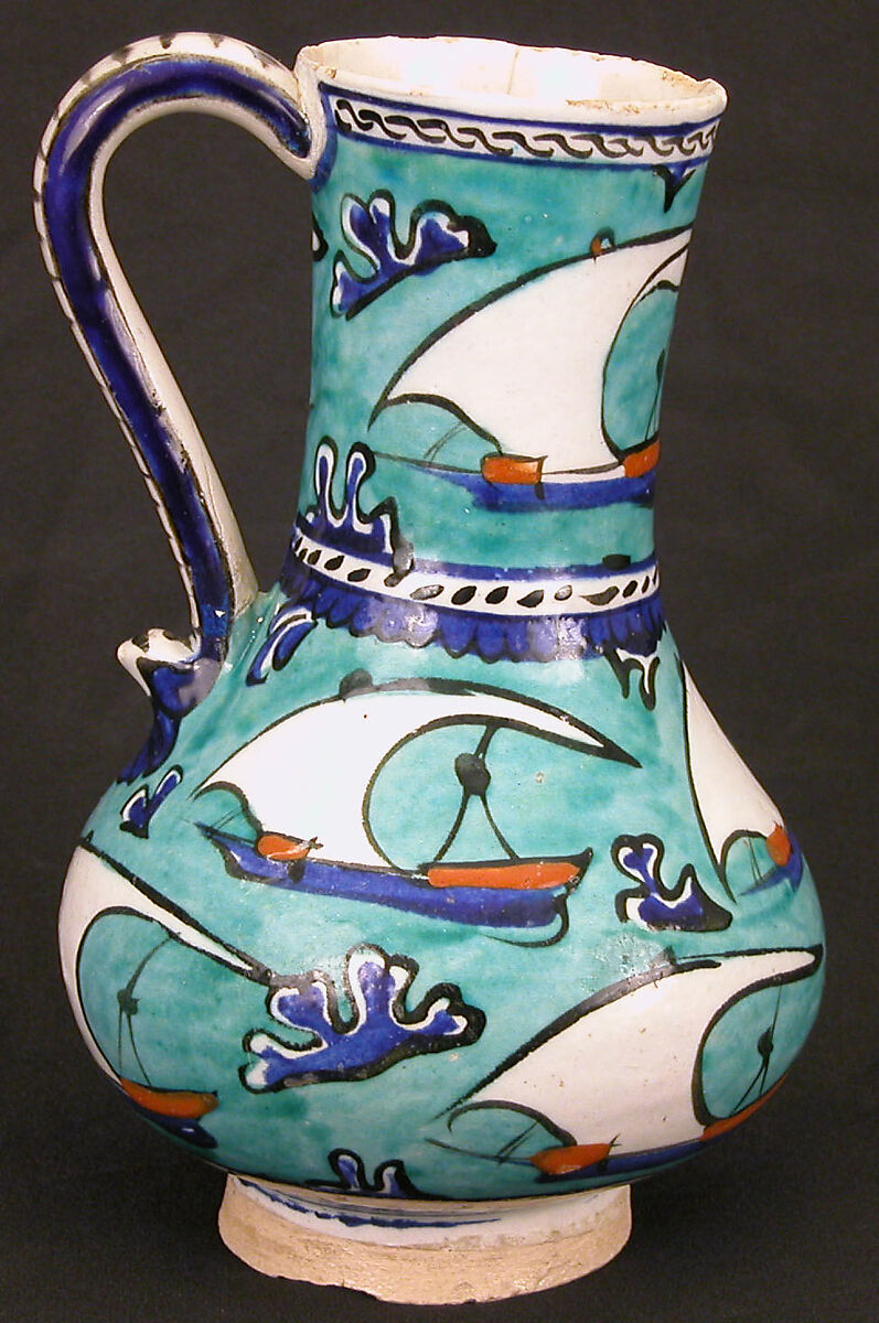 Ewer with Sailing-Ship Design, Stonepaste; polychrome painted under transparent glaze