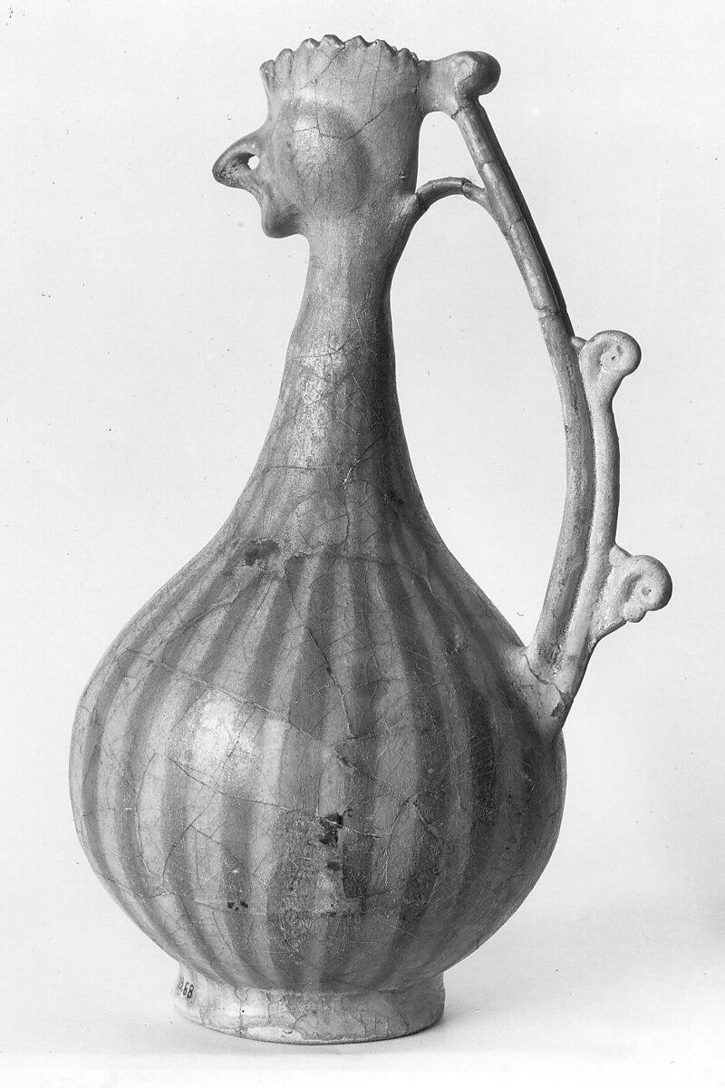 Rooster-Headed Ewer, Stonepaste; molded and applied decoration, underglaze painted under transparent glaze