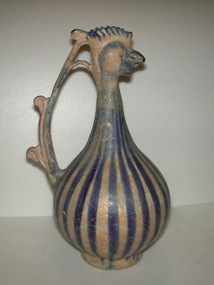 Rooster-Headed Ewer, Stonepaste; molded and applied decoration, underglaze painted under transparent glaze 
