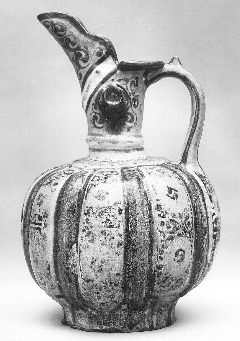 Ewer, Stonepaste;  molded and applied decoration, underglaze painted and luster-painted