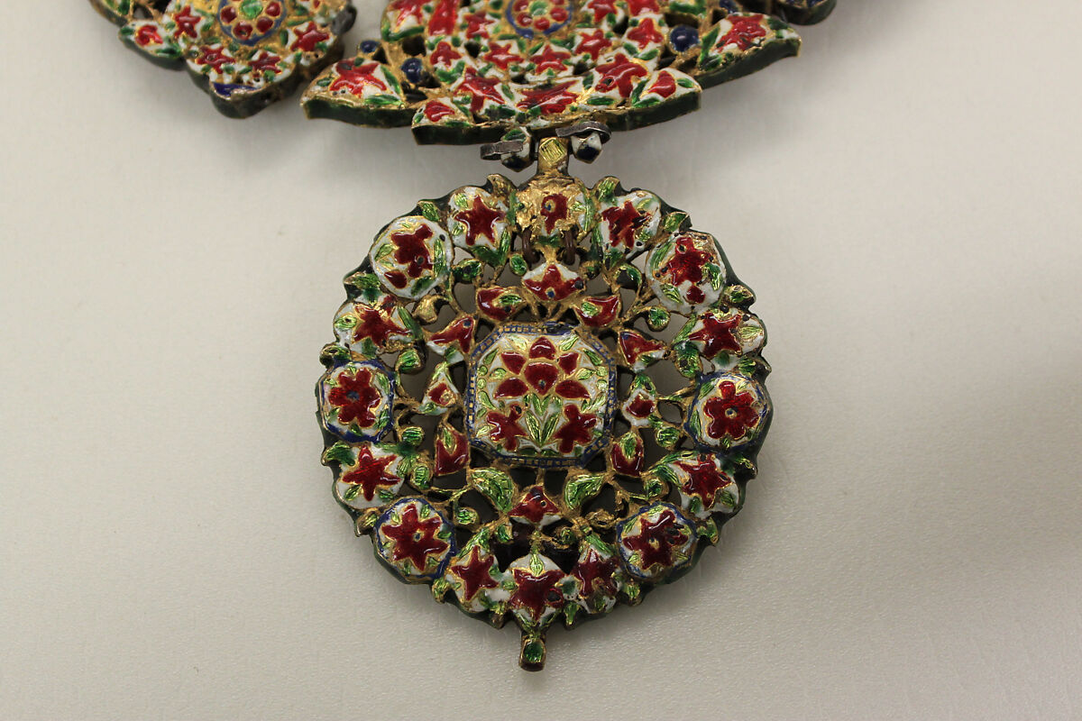 Necklace, Gold, enamel, silk