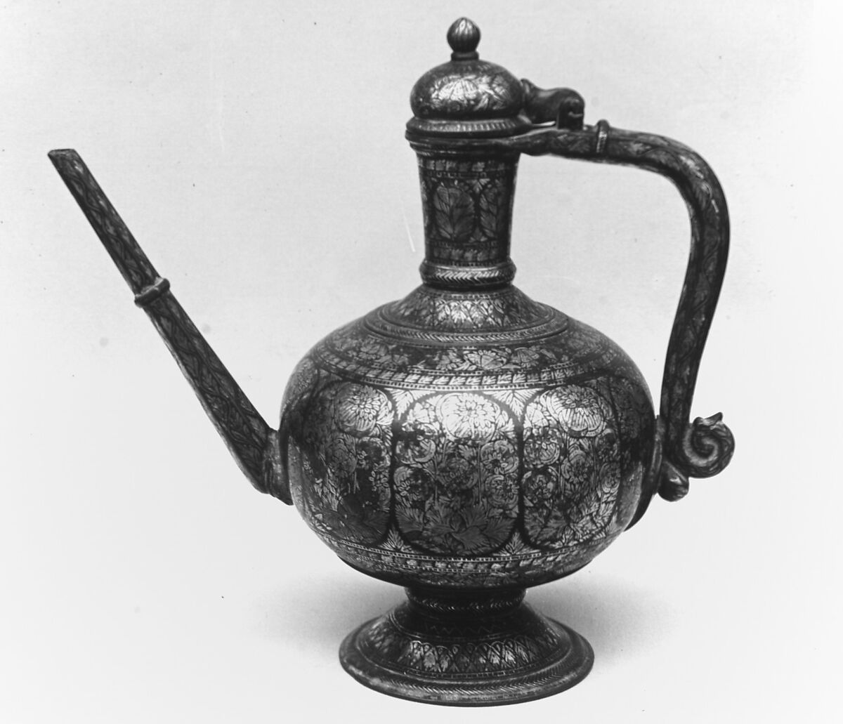 Globular Ewer, Zinc and copper alloy; cast, engraved, inlaid with silver (bidri ware)