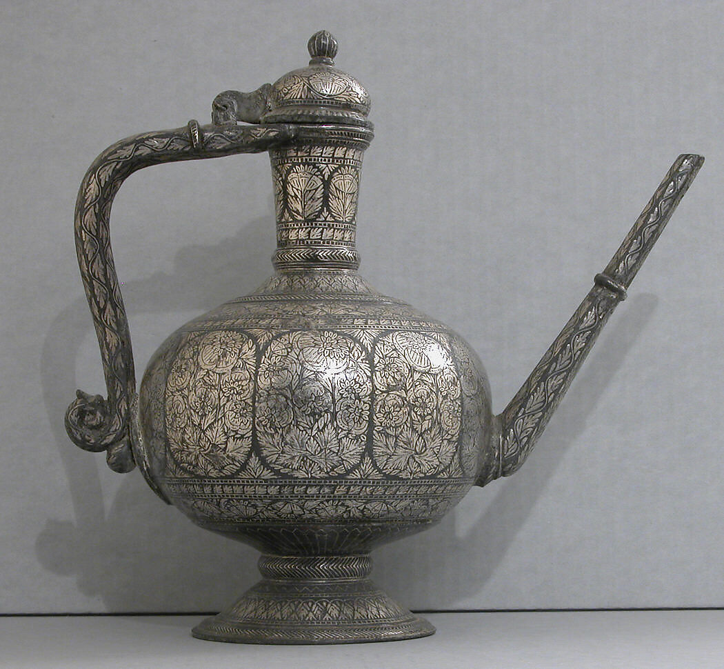 Globular Ewer, Zinc and copper alloy; cast, engraved, inlaid with silver (bidri ware) 