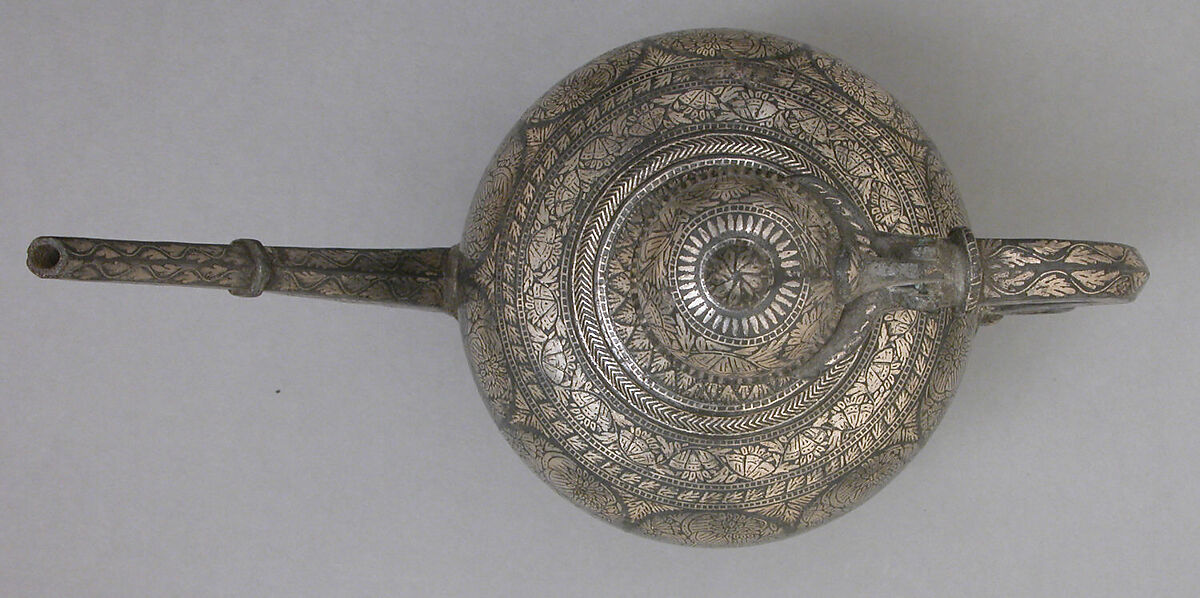 Globular Ewer, Zinc and copper alloy; cast, engraved, inlaid with silver (bidri ware)