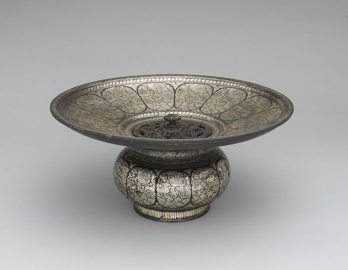 Basin, Zinc alloy; cast, engraved, inlaid with silver (bidri ware) 