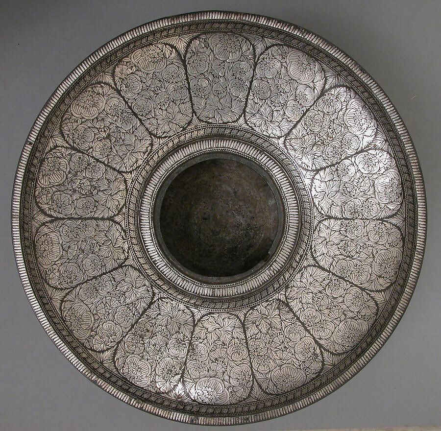Basin, Zinc alloy; cast, engraved, inlaid with silver (bidri ware)