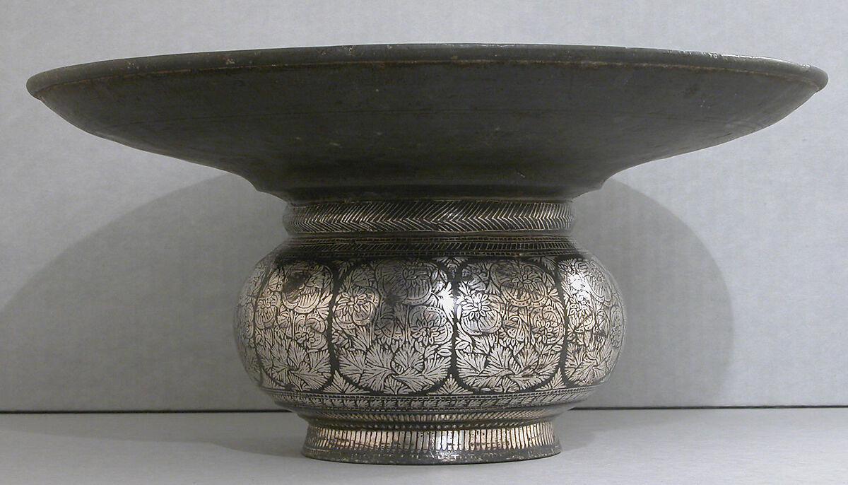 Basin, Zinc alloy; cast, engraved, inlaid with silver (bidri ware)
