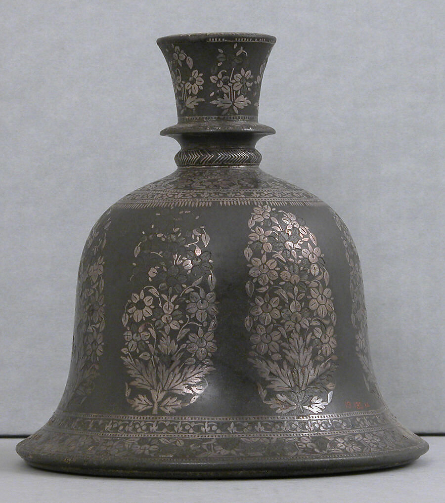 Water Pipe Base, Zinc alloy; cast, engraved, inlaid with silver (bidri ware) 