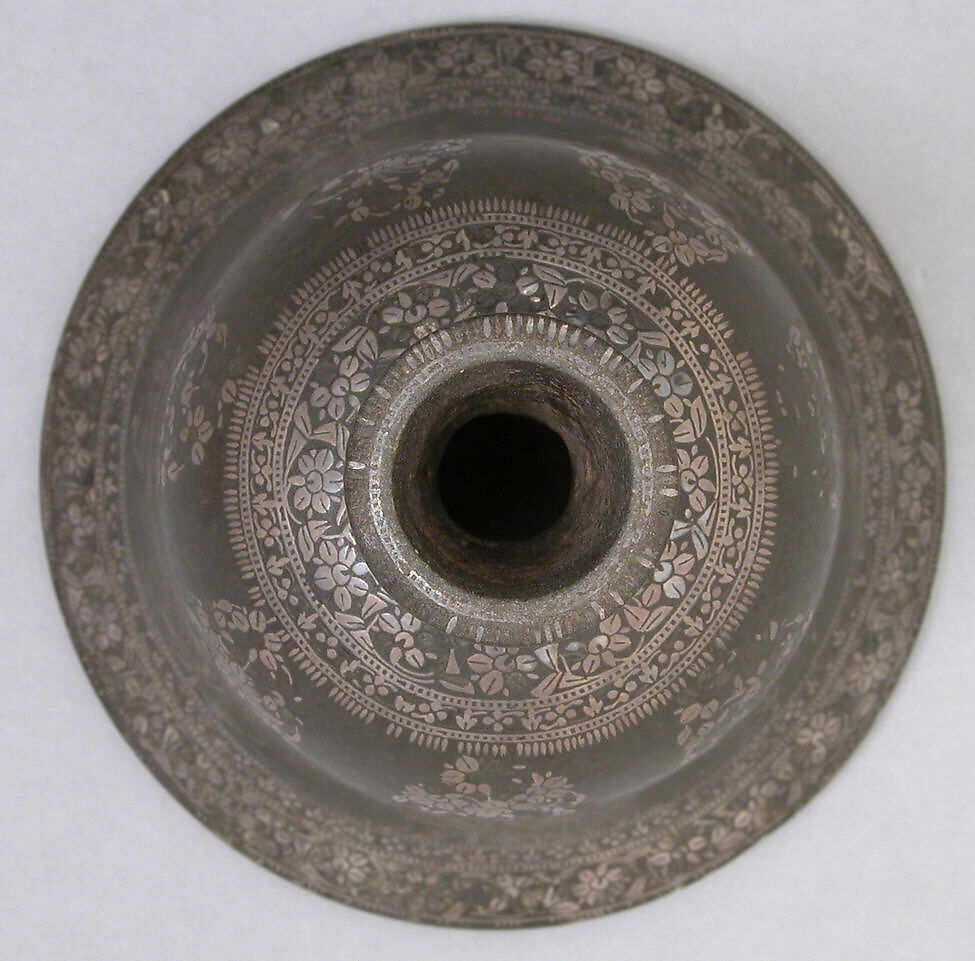 Water Pipe Base, Zinc alloy; cast, engraved, inlaid with silver (bidri ware)