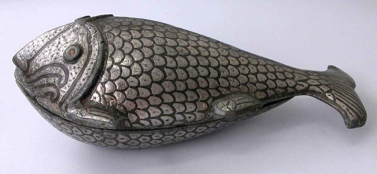 Fish-Shaped Box, Zinc alloy; cast, engraved, inlaid with silver and brass (bidri ware)