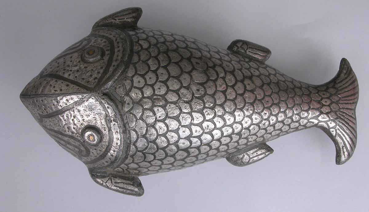 Fish-Shaped Box, Zinc alloy; cast, engraved, inlaid with silver and brass (bidri ware)
