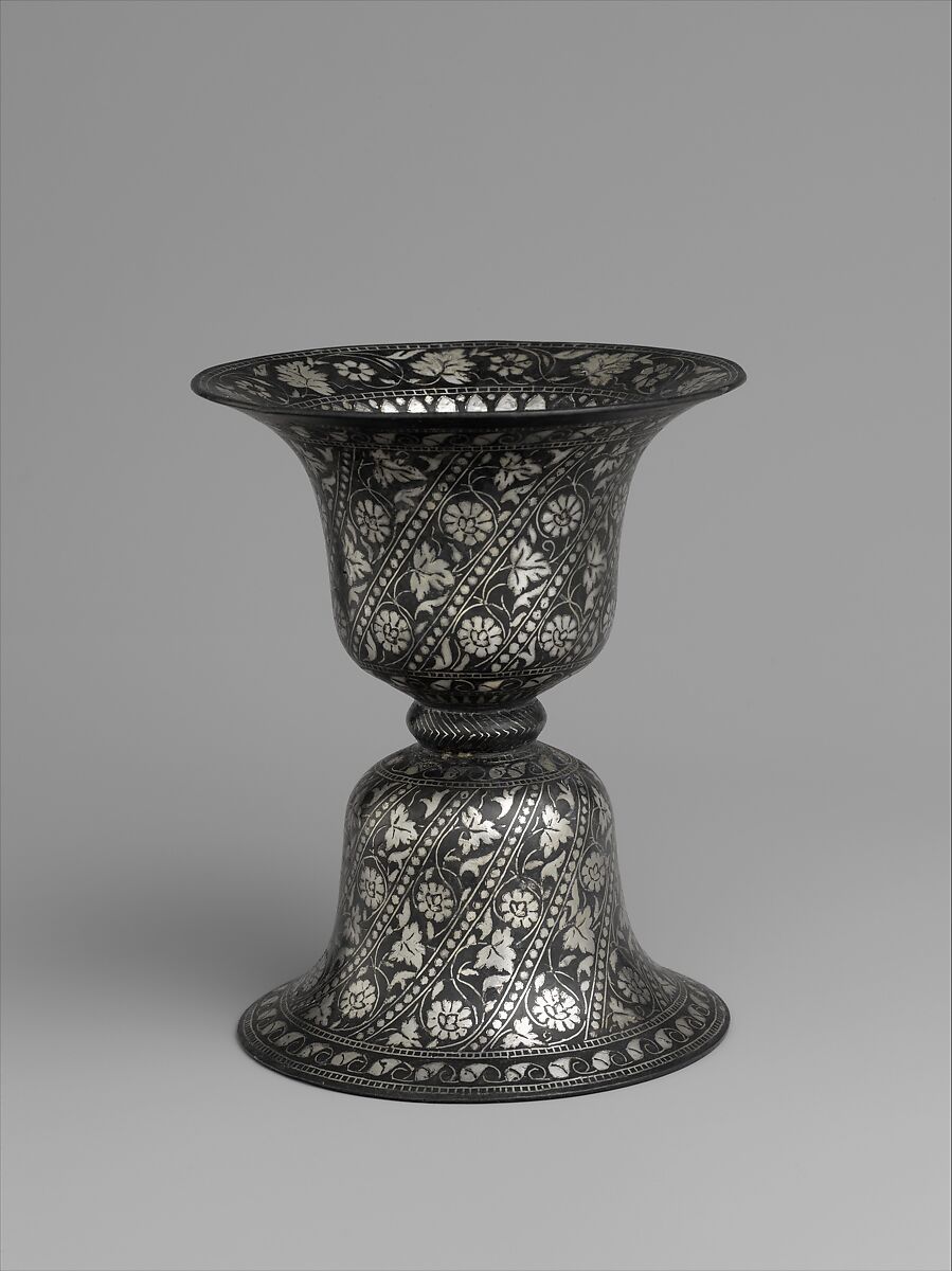 Spittoon in Double Bell Design, Zinc and copper alloy; cast, engraved, inlaid with silver (bidri ware) 