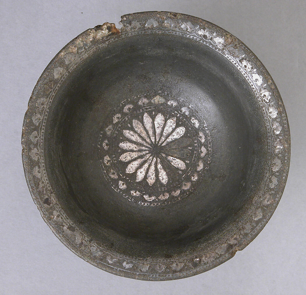 Spittoon, Zinc alloy; cast, engraved, inlaid with silver (bidri ware)