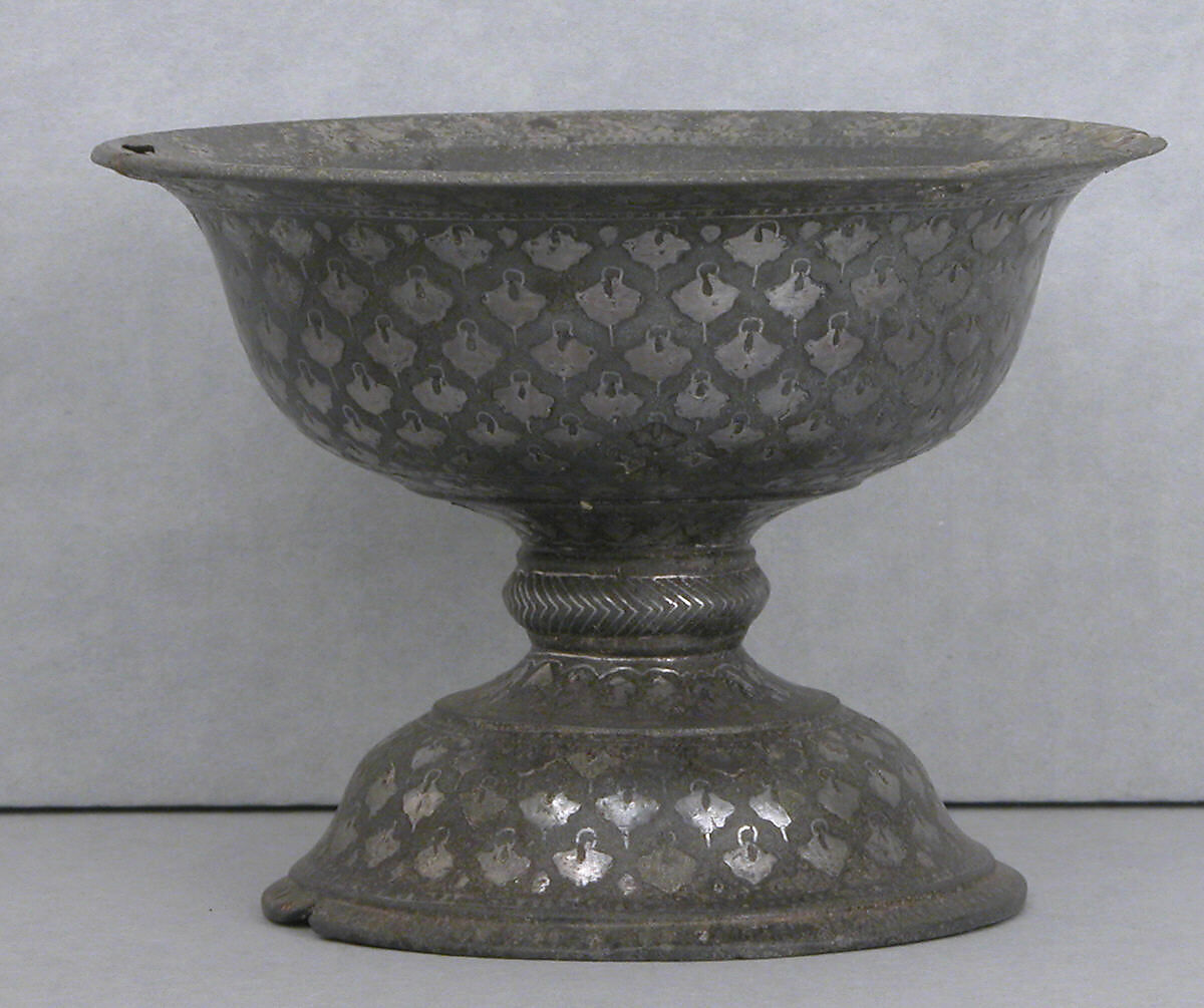 Spittoon, Zinc alloy; cast, engraved, inlaid with silver (bidri ware) 