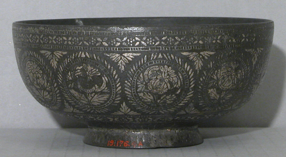 Bowl, Zinc alloy; cast, engraved, inlaid with silver and brass (bidri ware)