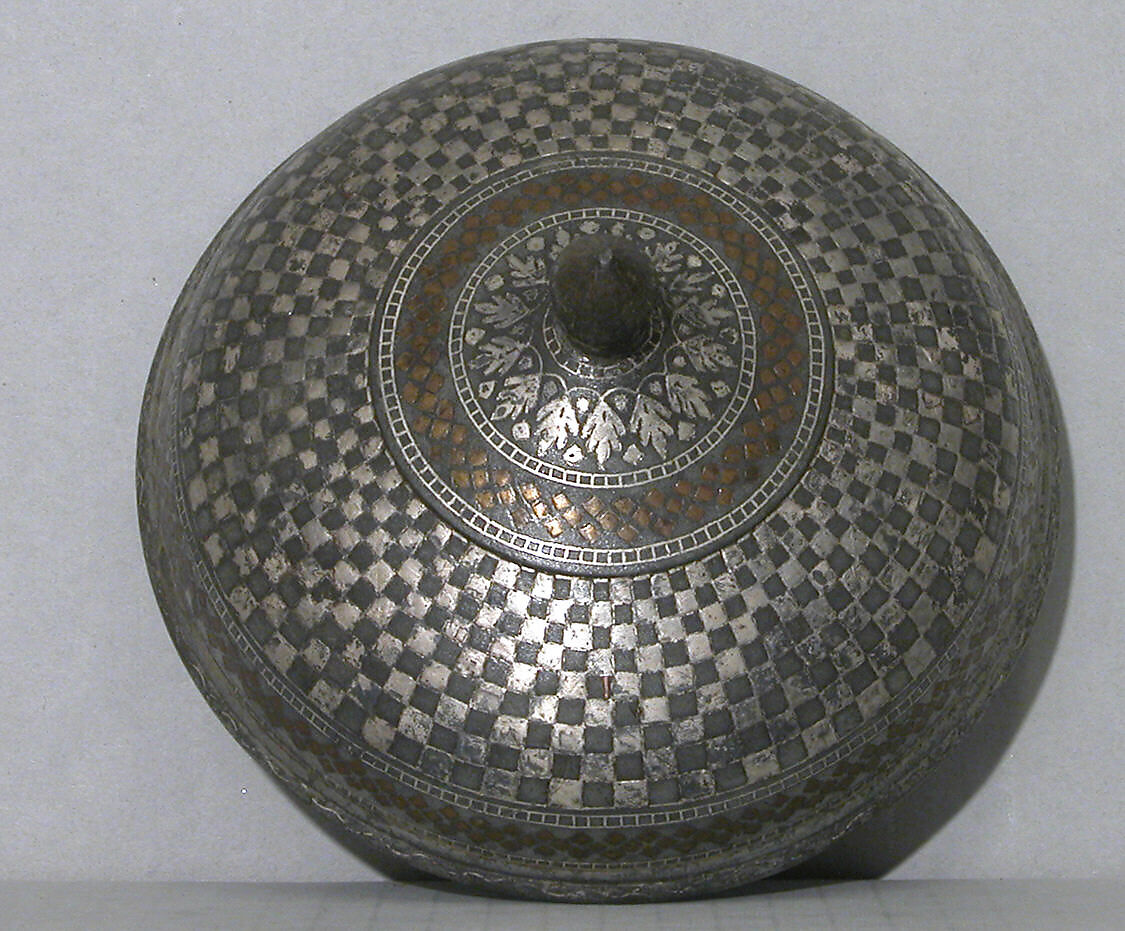 Bowl, Zinc alloy; cast, engraved, inlaid with silver and brass (bidri ware)