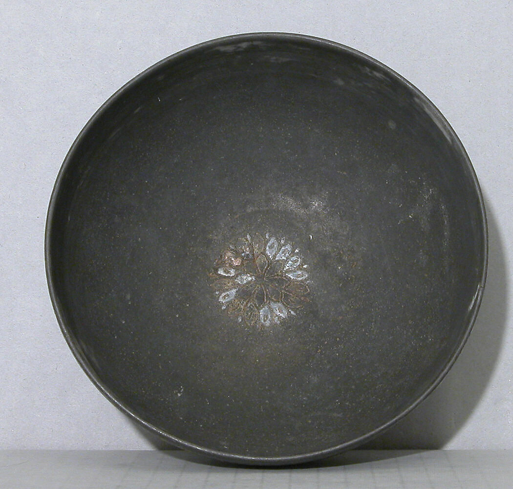 Bowl, Zinc alloy; cast, engraved, inlaid with silver and brass (bidri ware)