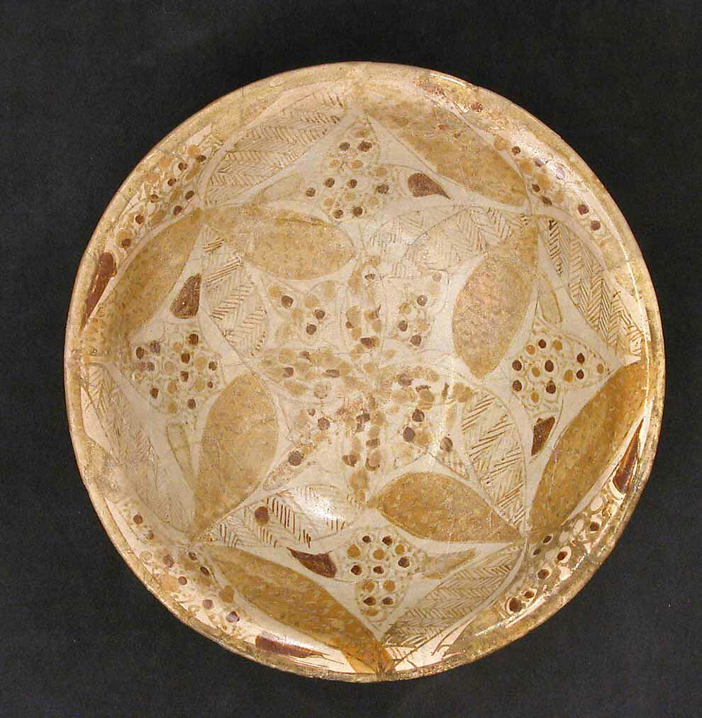 Three-colored Luster Bowl with Foliated Rosettes, Earthenware; polychrome luster-painted on opaque white glaze 