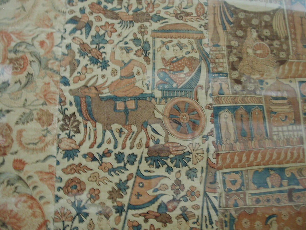 Kalamkari Hanging with Figures in an Architectural Setting, Cotton; plain weave, mordant-painted and dyed, resist-dyed