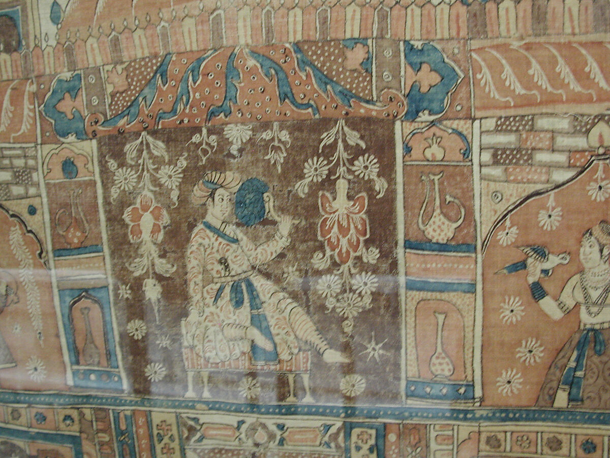 Kalamkari Hanging with Figures in an Architectural Setting, Cotton; plain weave, mordant-painted and dyed, resist-dyed