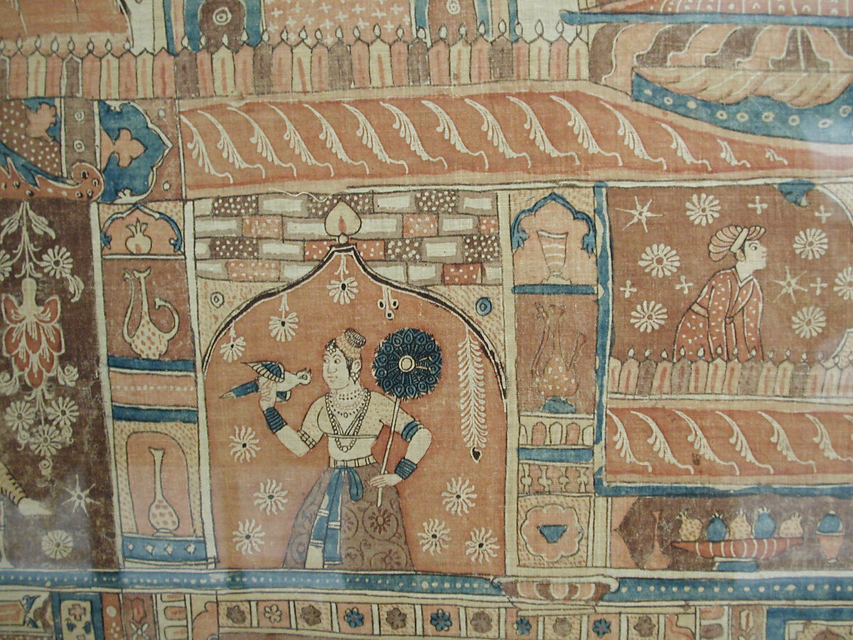 Kalamkari Hanging with Figures in an Architectural Setting, Cotton; plain weave, mordant-painted and dyed, resist-dyed