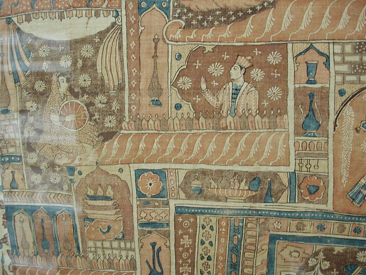 Kalamkari Hanging with Figures in an Architectural Setting, Cotton; plain weave, mordant-painted and dyed, resist-dyed